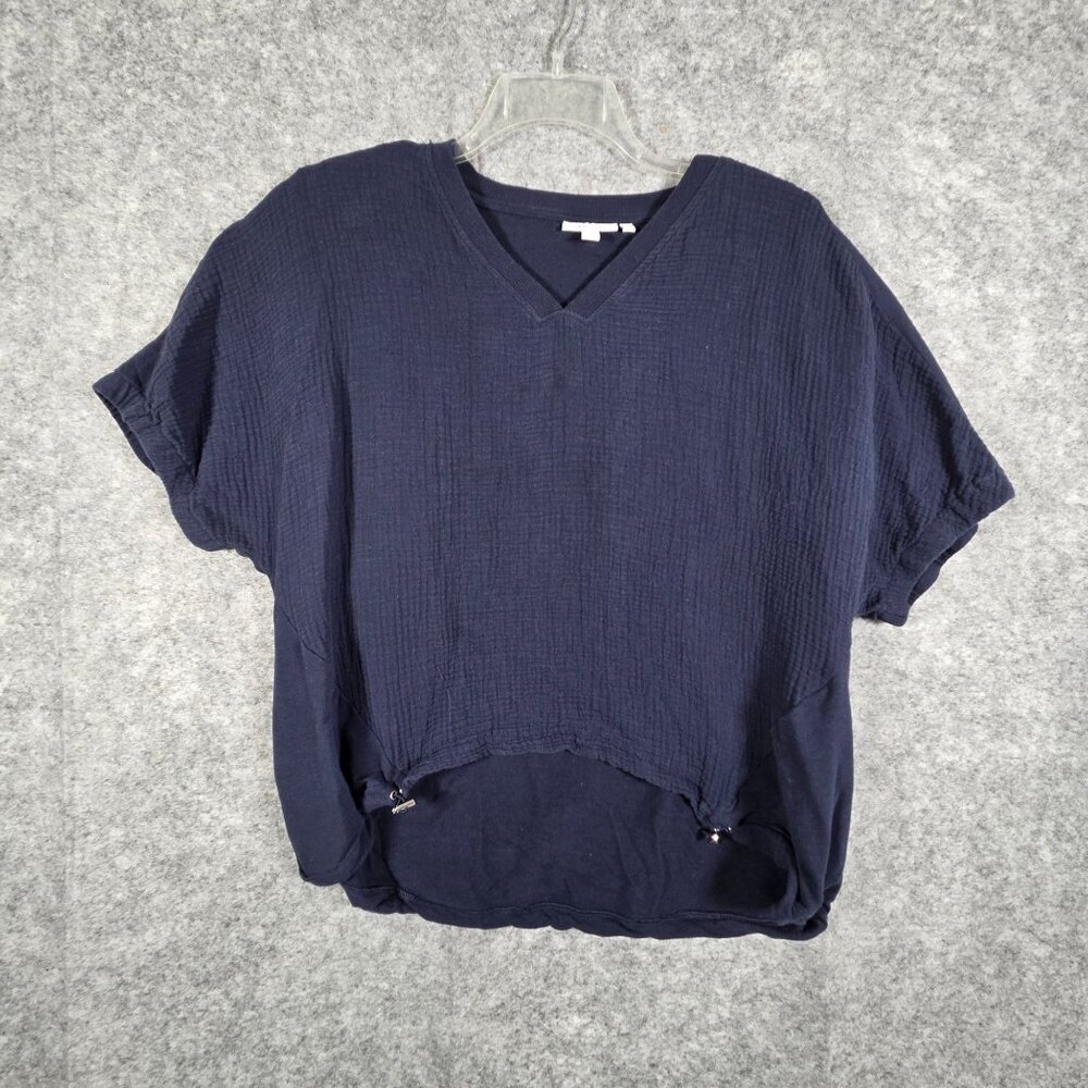 Chico's Women's Knit Top Short Sleeve V Neck Pullover Navy Size L Casual